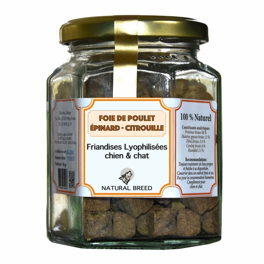 Friandise lyophilisée - 100% foie de poulet, épinard, citrouille