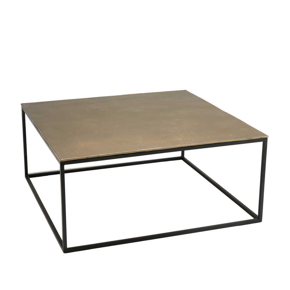 Table basse carrée 90x90cm aluminium doré et noir pieds métal