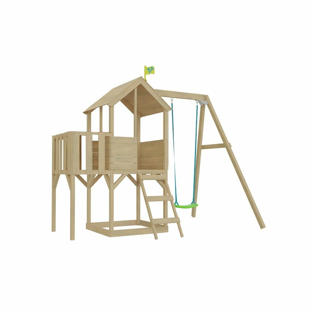 Cabane enfant sur pilotis bac à sable et portique intégré avec balcon tower