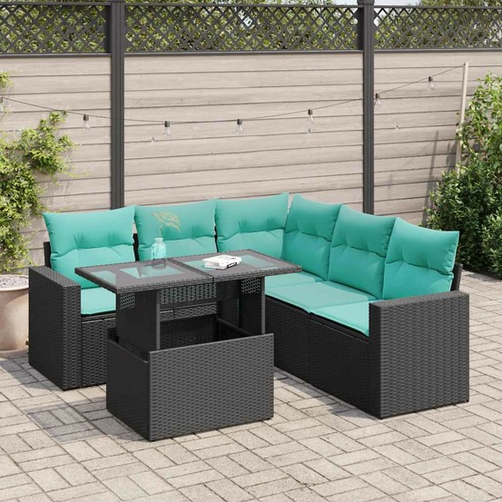 Salon de jardin 6 pcs avec coussins noir résine tressée acacia