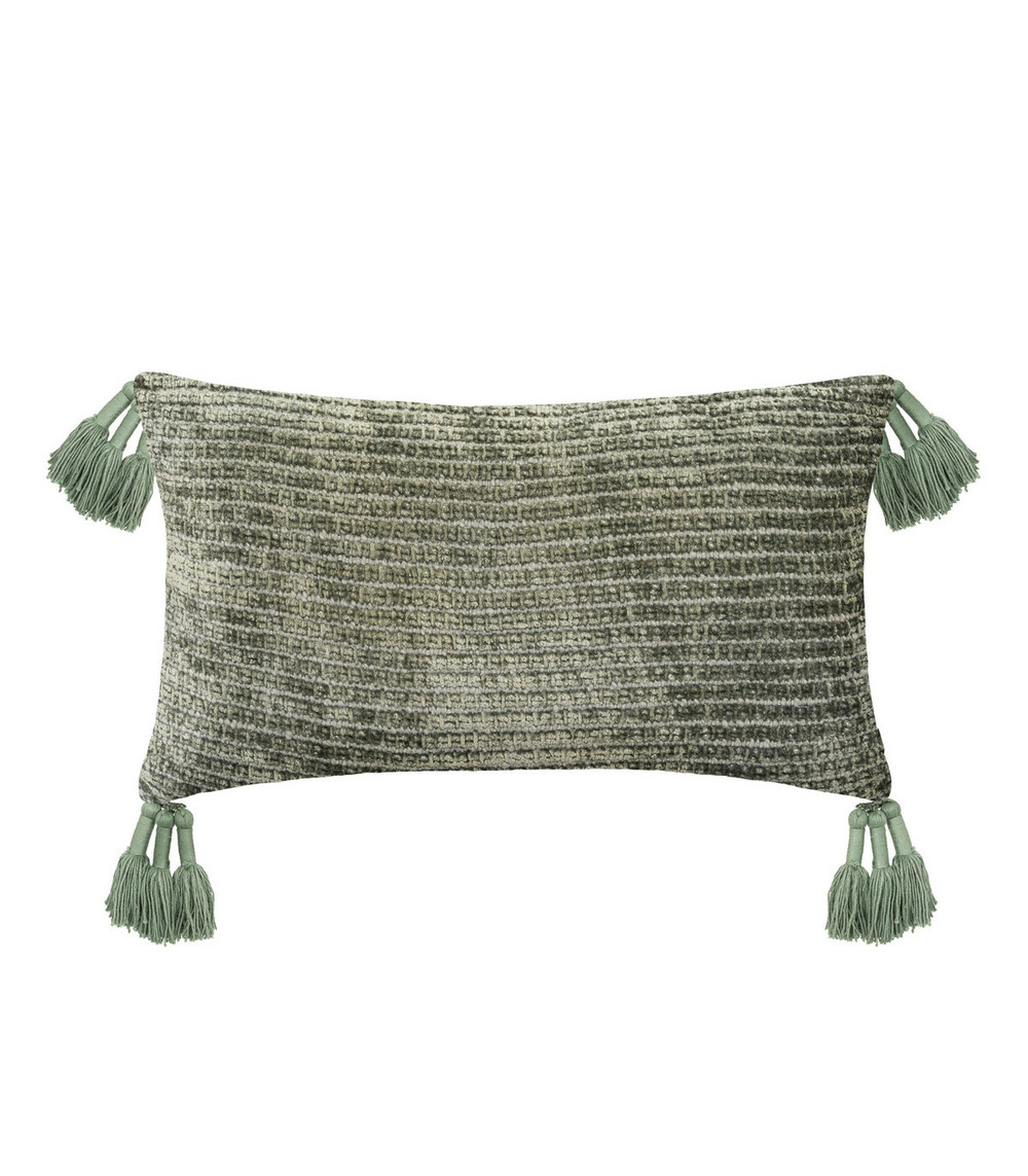 Coussin décoratif déhoussable en coton chenille vert olive et 12 pompons 30 x 50 cm