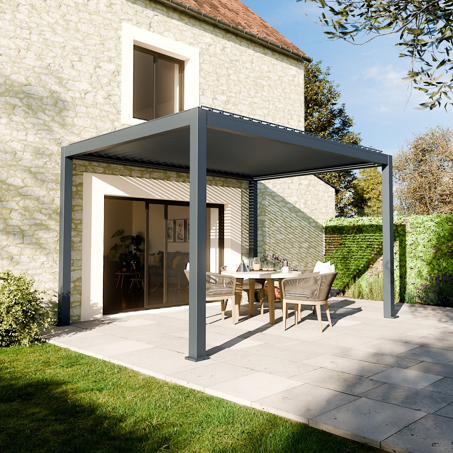 Pergola bioclimatique autoportée motorisée 12m² 3x4m gris anthracite stellar - eclairage intégré