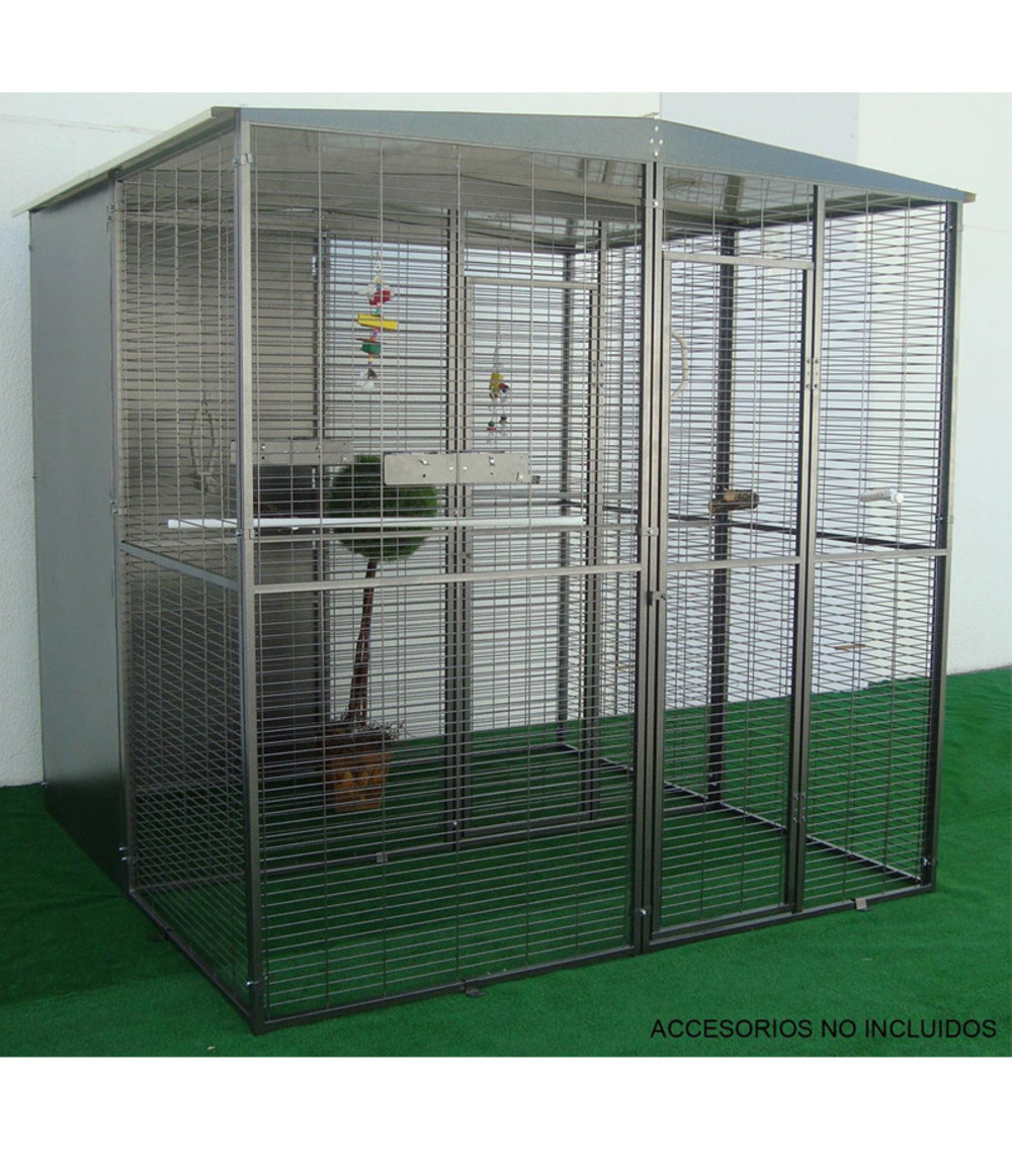 Volière de jardin pour perroquets de 4m² à toit deux pentes et séparation centrale