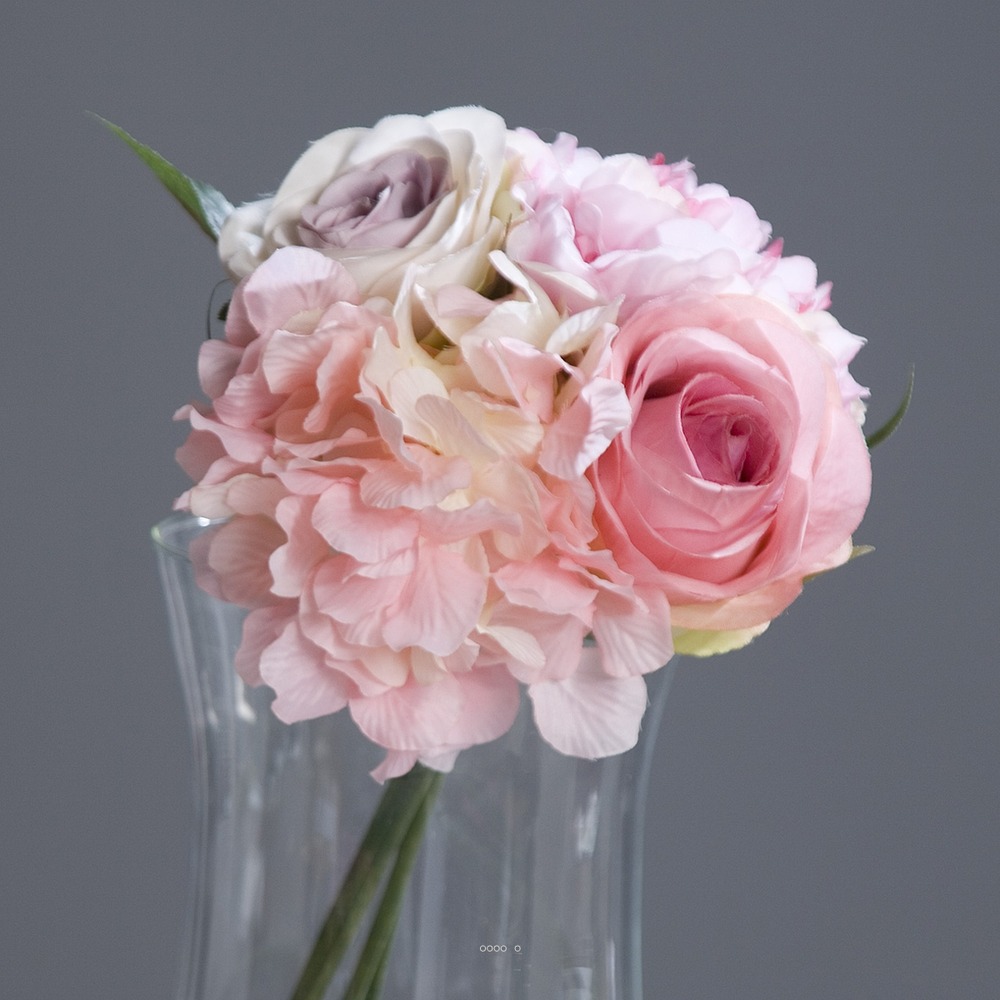 Bouquet de roses et hortensias artificielles rose 4 têtes d 20 cm - couleur: ros