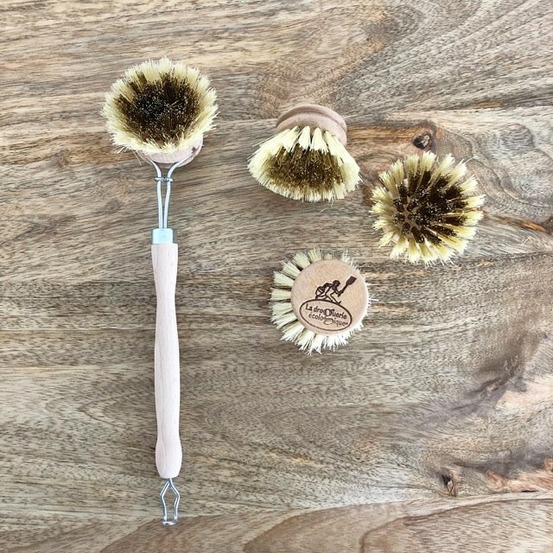 Brosse vaisselle + 3 têtes rechargeables (laiton ou fibre)