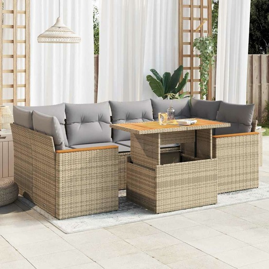 Salon de jardin 6 pcs avec coussins beige résine tressée acacia