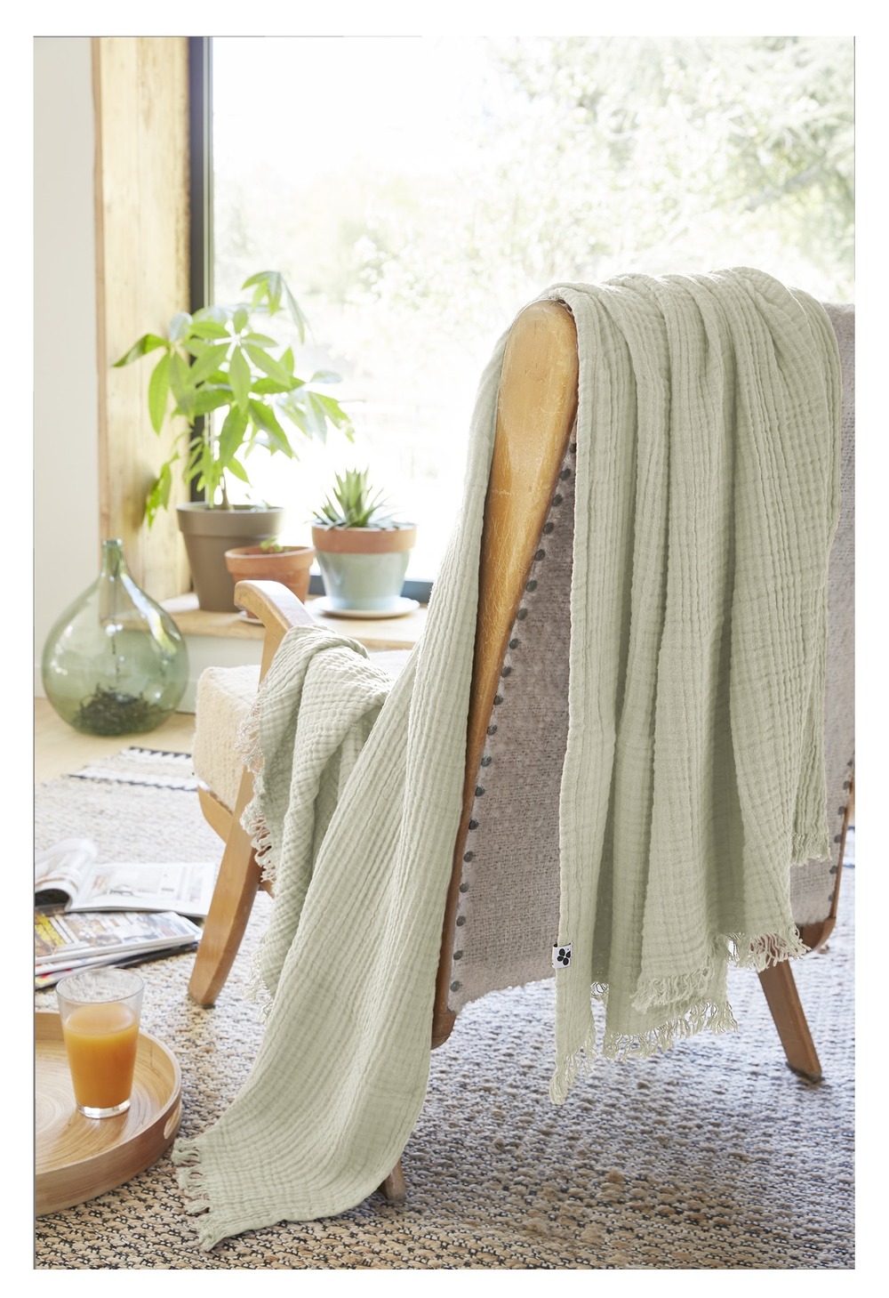 Plaid quadruple gaze de coton 180 x 220 cm gaia vert d eau