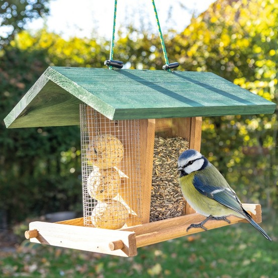 Mangeoire extérieur à suspendre pour oiseaux sauvages pour jardin balcon distributeur de graines «325 cabane marron-vert»