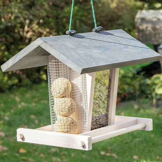 Mangeoire oiseaux extérieur à suspendre pour oiseaux sauvages pour jardin balcon distributeur de graines«324 cabane gris blanc»