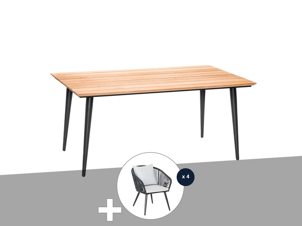 Table de jardin rectangulaire en bois teck comores avec 4 fauteuils comores