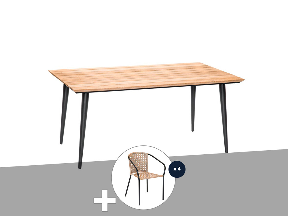 Table de jardin rectangulaire en bois teck comores avec 4 fauteuils cocos