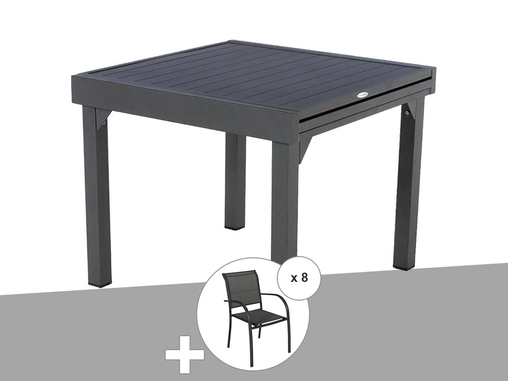 Ensemble repas table extensible alu 4/8 places graphite + 8 fauteuils piazza