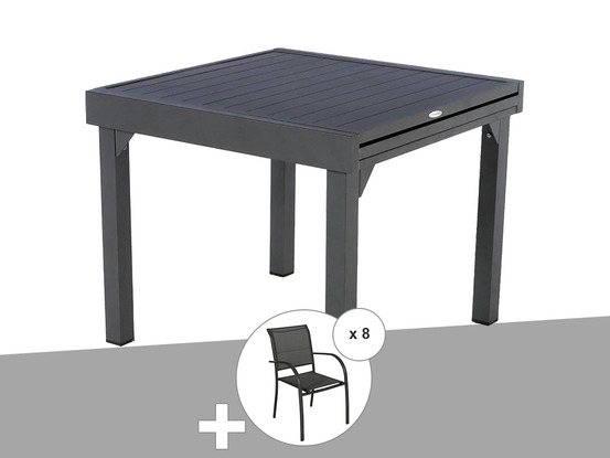 Ensemble repas table extensible alu 4/8 places graphite + 8 fauteuils piazza