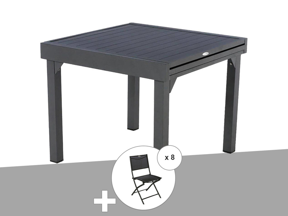 Ensemble repas table extensible alu 4/8 places graphite + 8 chaises modula