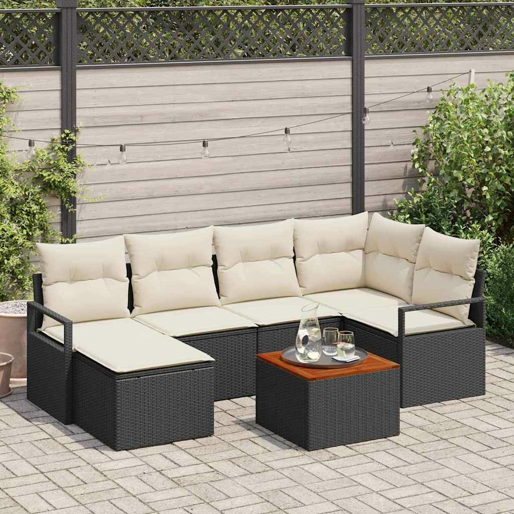 Ensemble de canapé de jardin avec coussin 7 pcs noir polyrotin