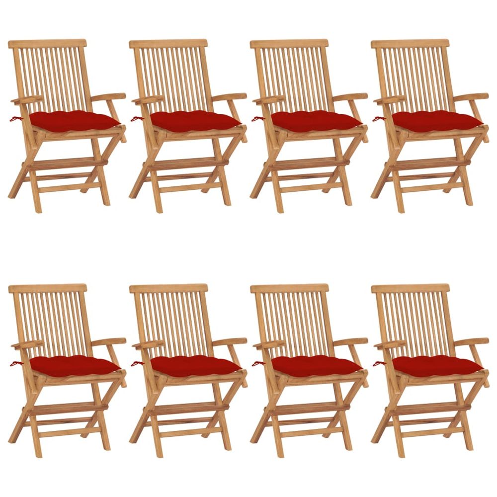Chaises pliantes avec coussins rouges, 8 pièces, en bois de teck massif