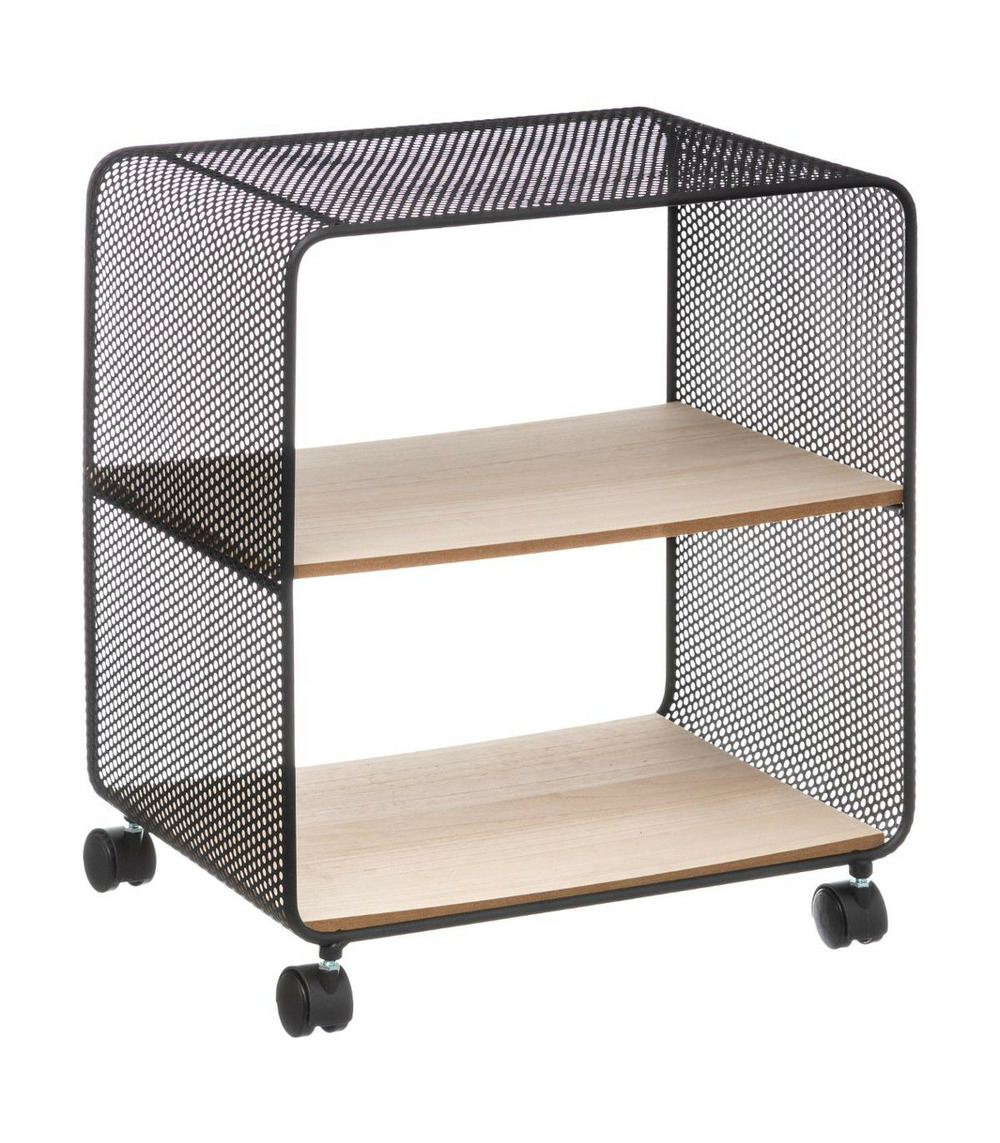 Étagère 2 cases sur roues en métal et bois h 51 cm