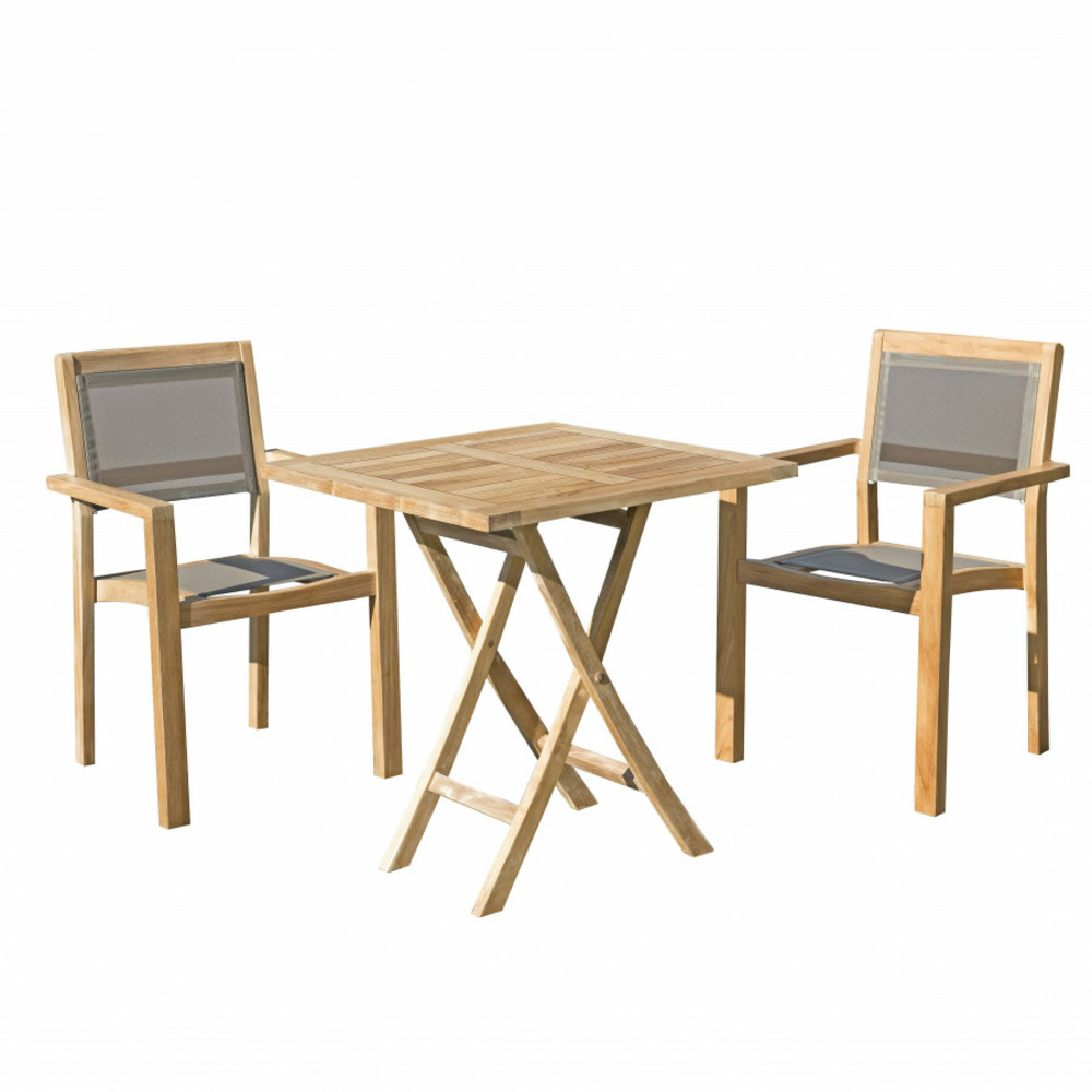 Table de jardin et chaises en teck et textilene taupe 2 personnes
