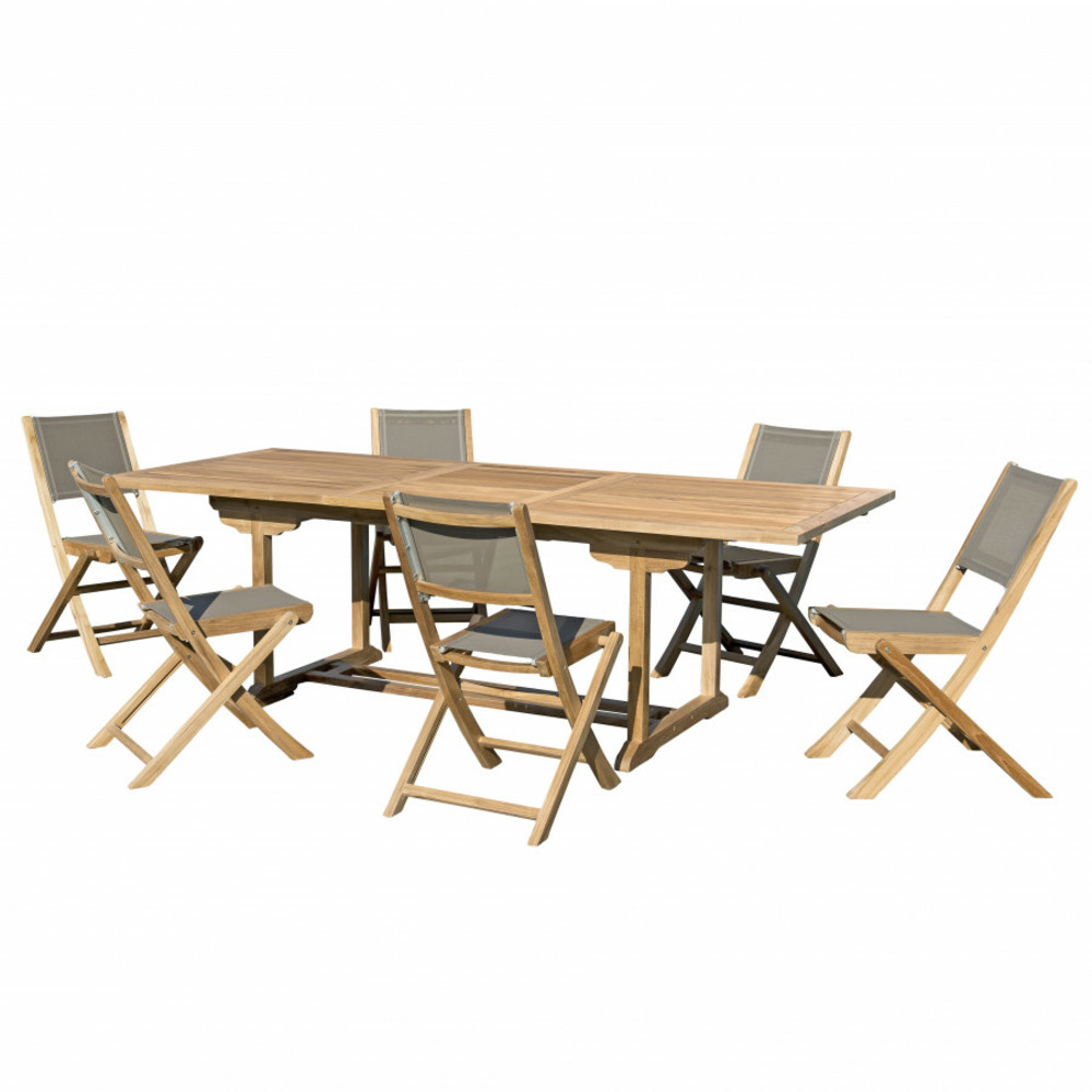 Table de jardin et chaises en teck et textilene 8/10 personnes