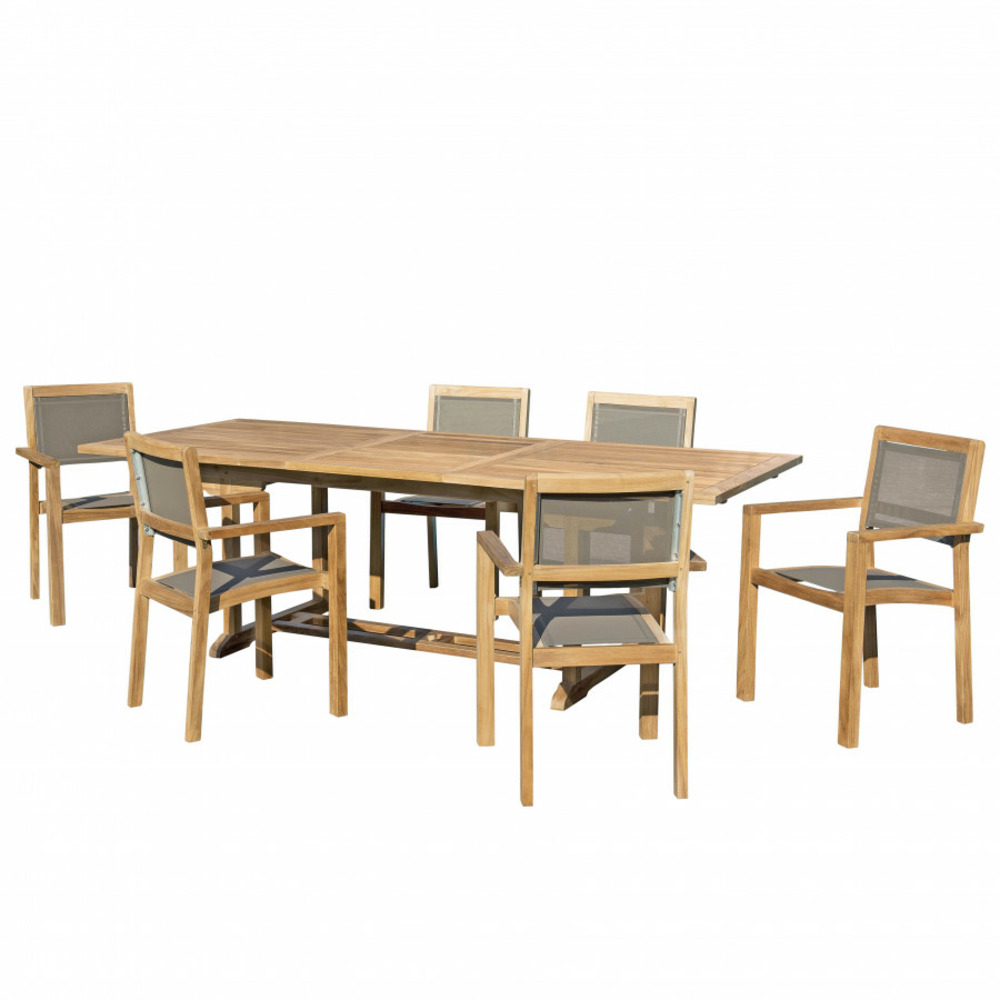Table de jardin et chaises en teck et textilene 8/10 personnes