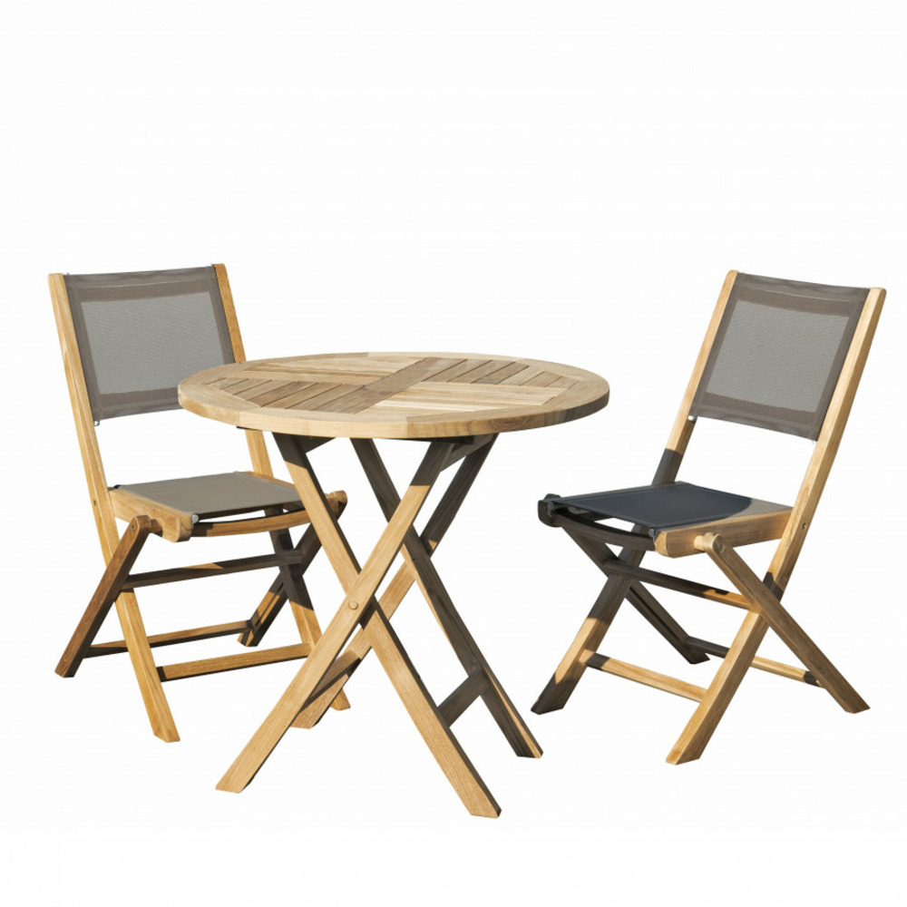 Table de jardin et chaises en teck et textilene 2 personnes