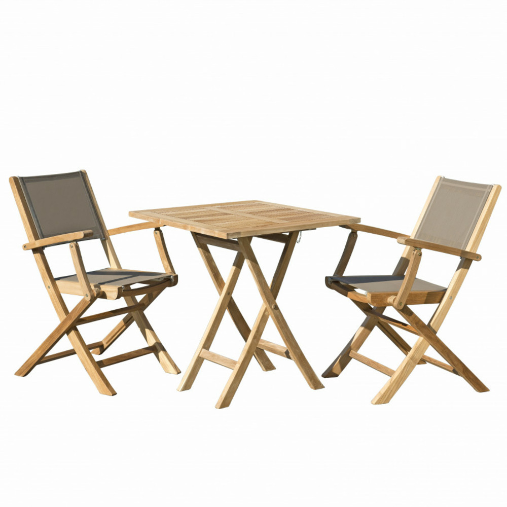 Table de jardin et chaises en teck et textilene 2 personnes