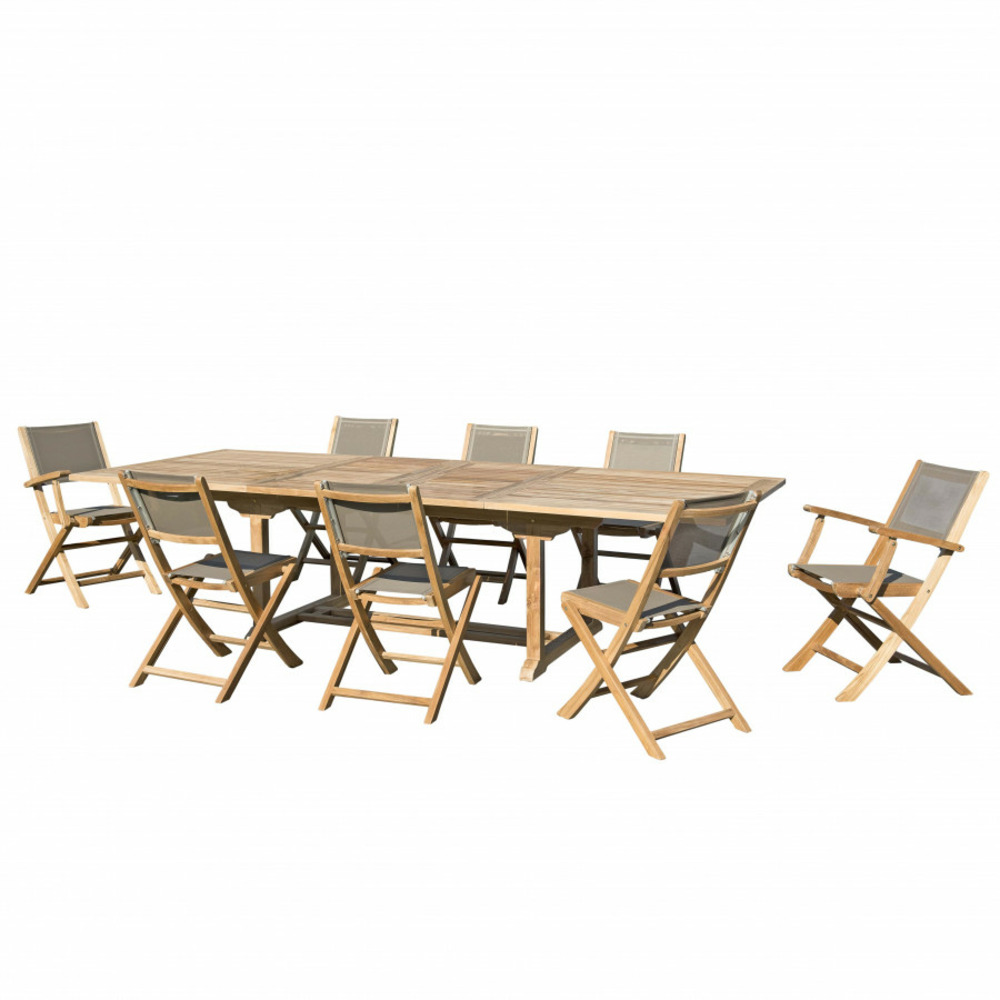 Table de jardin et chaises en teck et textilene 10/12 personnes