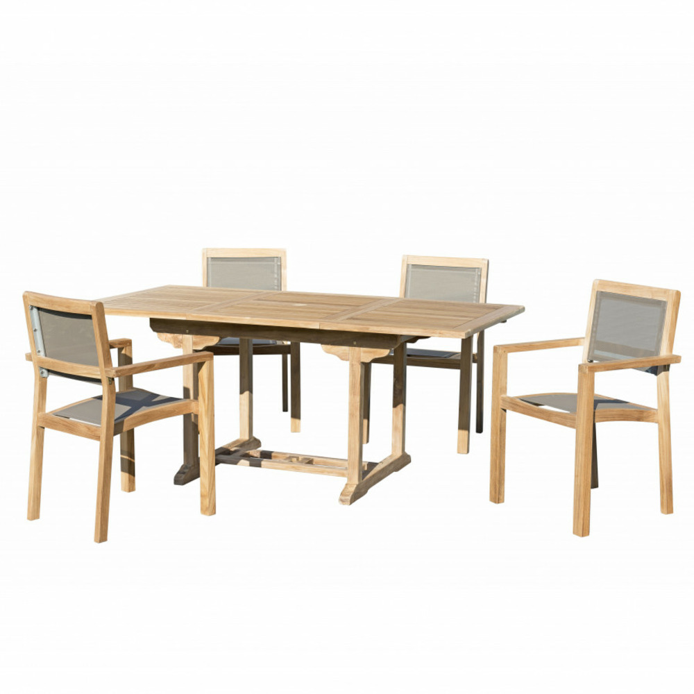 Table de jardin et chaises en teck et textilene 4/6 personnes