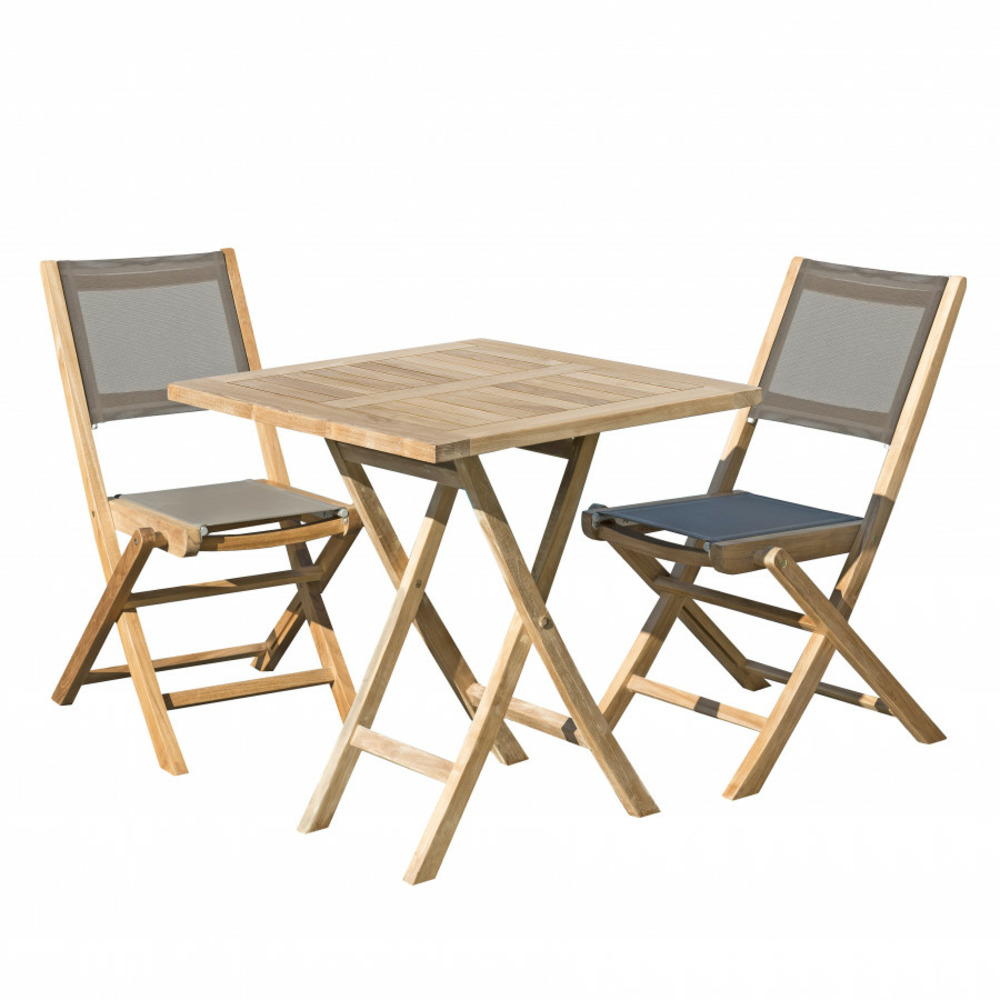Table de jardin et chaises en teck et textilene 2 personnes