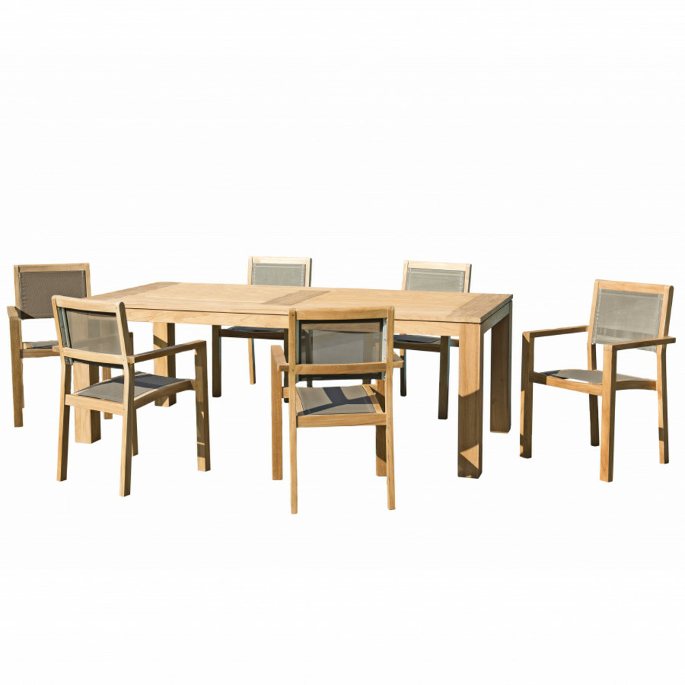 Table de jardin et chaises en teck et textilene taupe 6/8 personnes