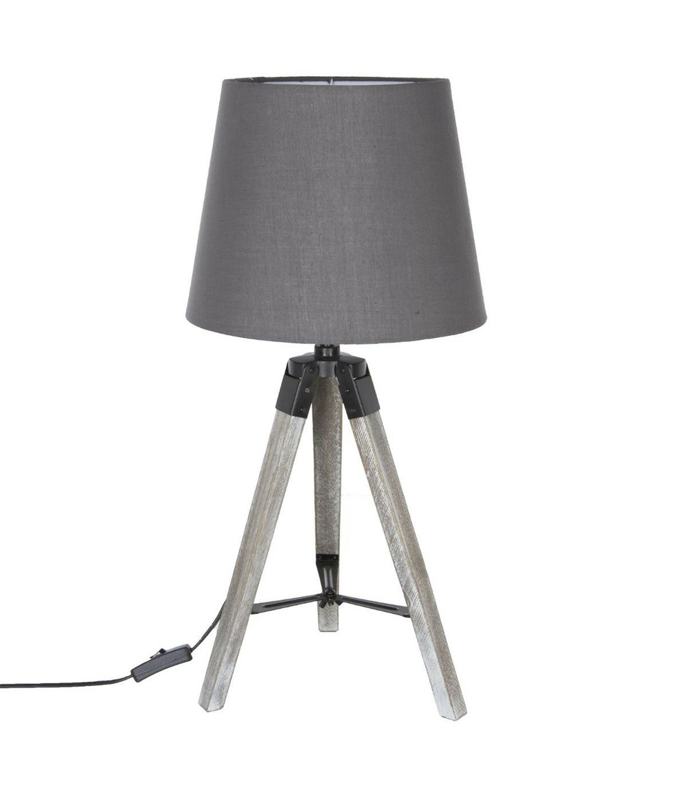 Lampe trépied en bois et abat-jour gris h 58 cm