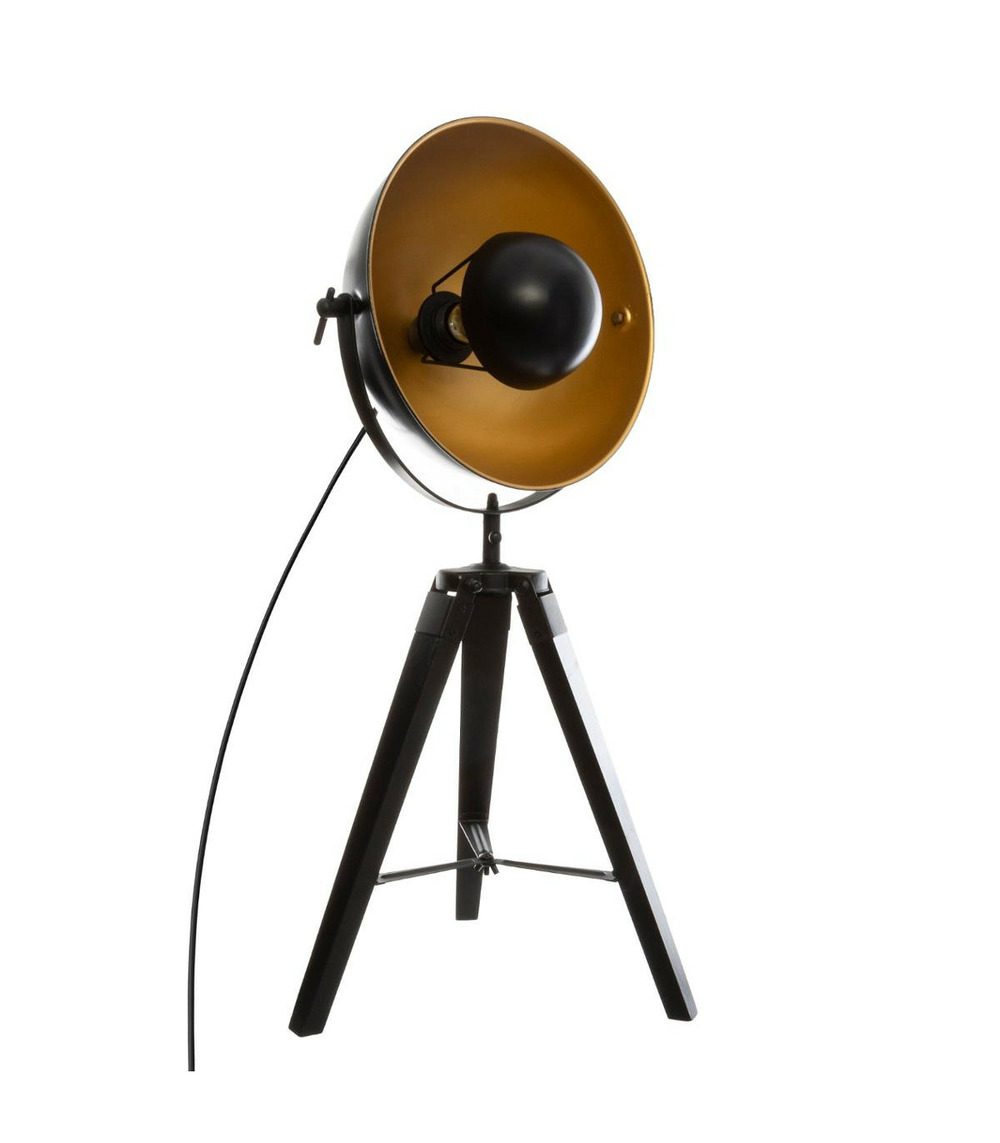 Lampe trépied en bois et métal noir vintage loft h 71 cm