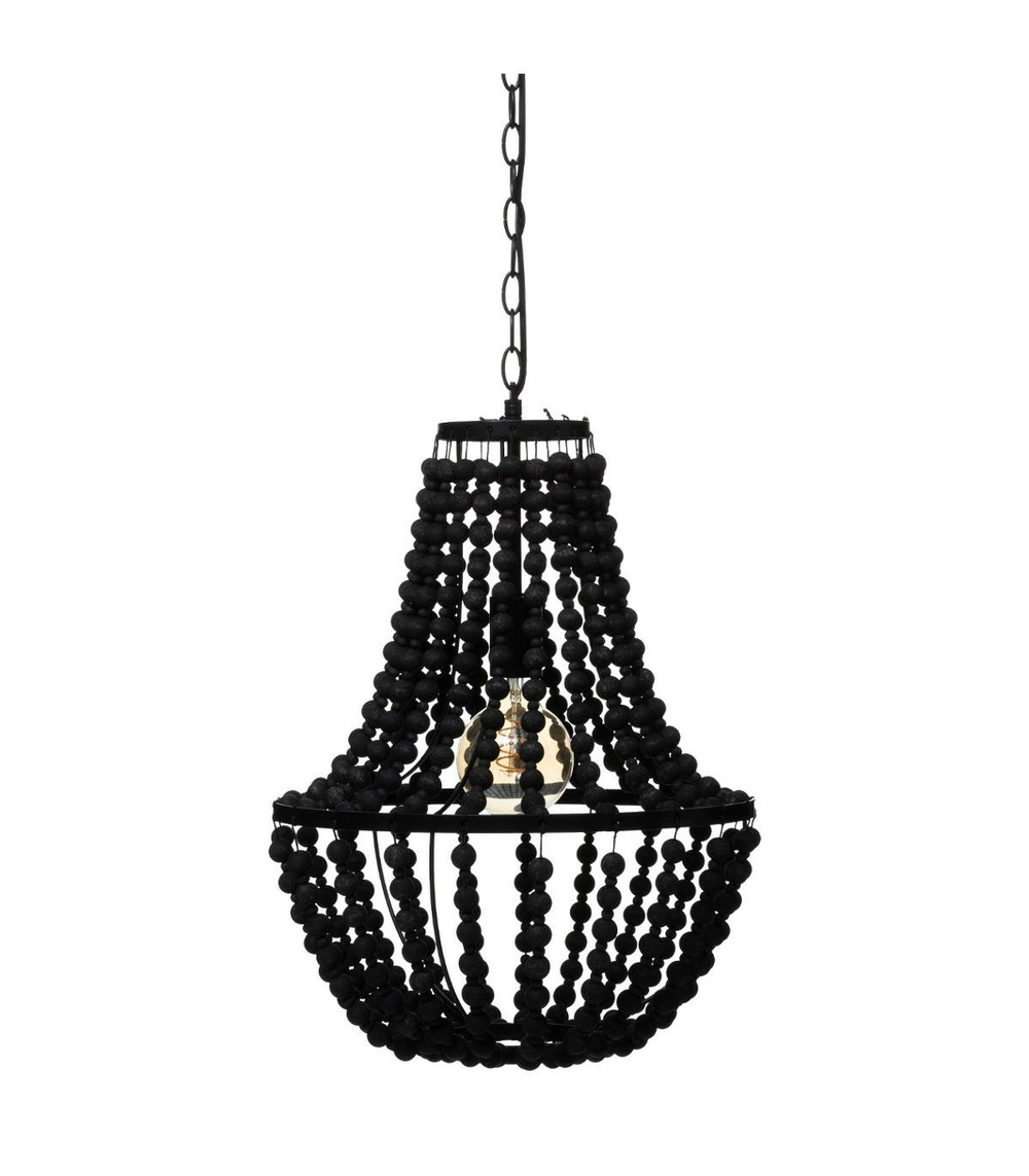 Luminaire suspension perles noires en bois d 38.5 cm