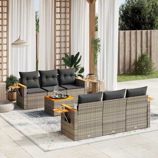 Salon de jardin avec coussins 7 pcs gris résine tressée