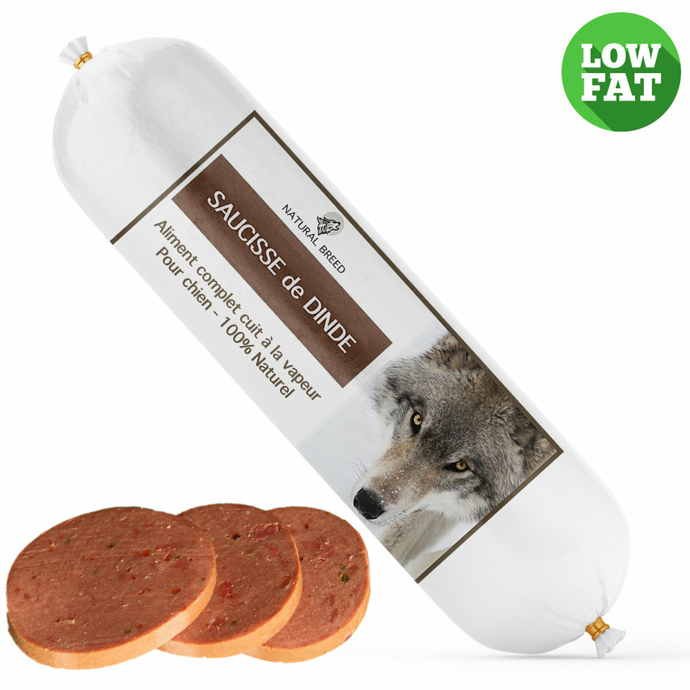 Saucisse dinde - repas humide - aliment complet pour chien cuit à la vapeur - longue conservation - sans céréales - 800g