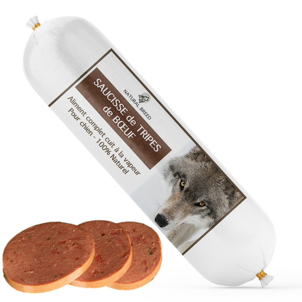 Saucisse de tripes de boeuf - repas humide - aliment complet pour chien cuit à la vapeur, longue conservation, sans céréales - 800g