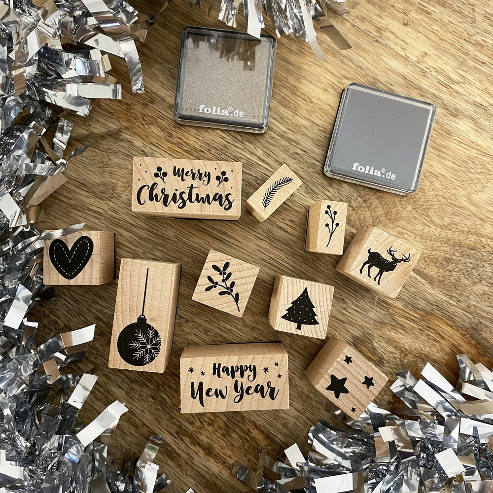 Kit de tampons motif noël en bois - 12 pièces