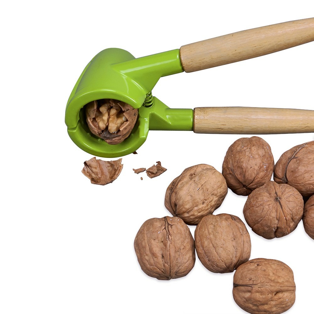 Casse-noix universel , à ressort très résistant, poignées en bois verni, casse les coquilles sans écraser les fruits | vert