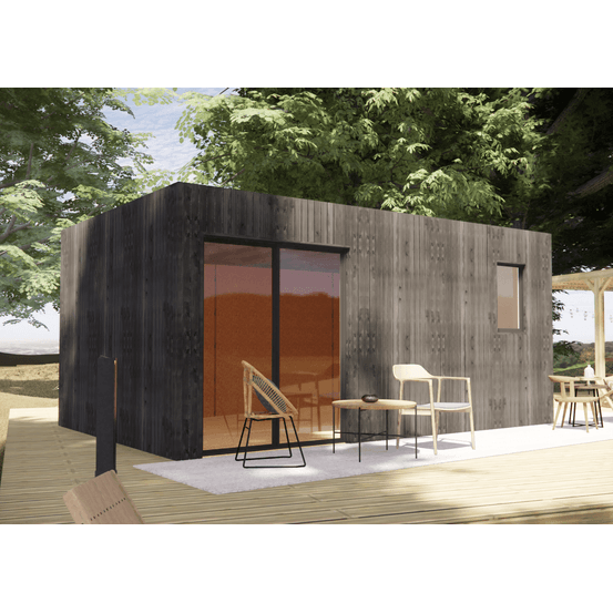 Studio de jardin ossature bois en bois 5,5 x 3,5 x 2,7 m avec plancher isolé / menuiseries alu k-line