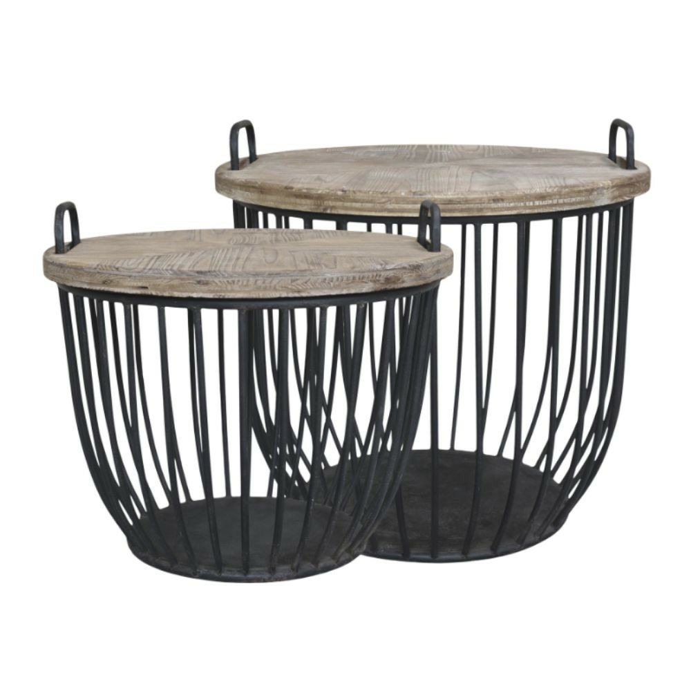Set de 2 tables basses en bois de cyprès noir et marron ø.57 x ht.48cm