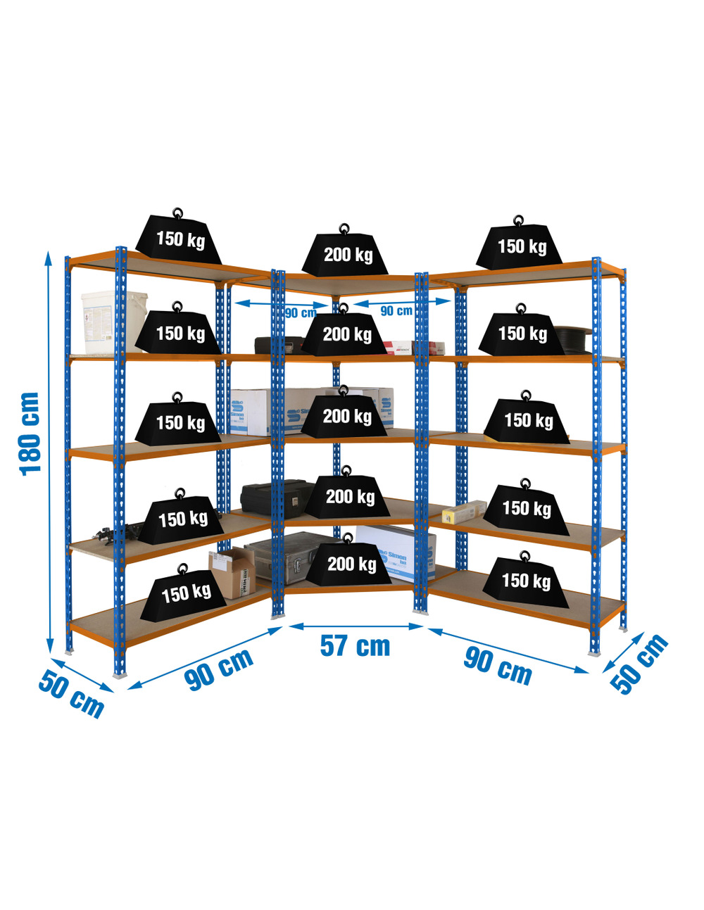 Etagère légère sans vis pack maderclick corner 5/500 +2 mader 5/500 a/orang/m bleu/orange/bois 1800x1800x500 - simonrack