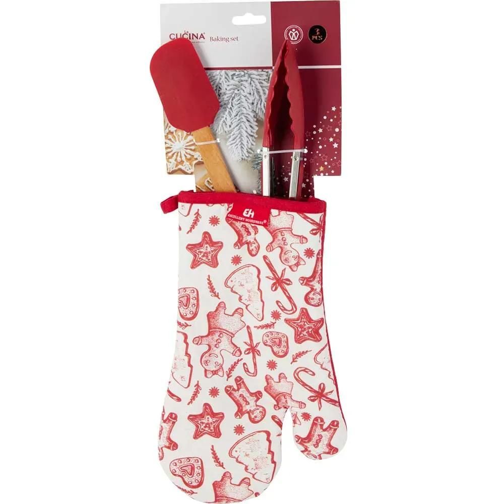 Manique coton 17x27cm + spatule + pince cuisine noël
