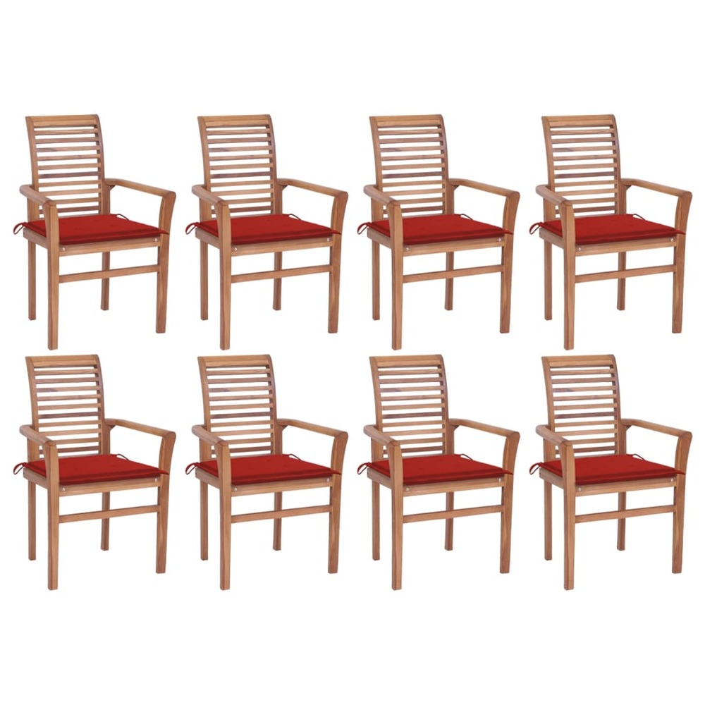 Chaises à dîner 8 pcs avec coussins rouge bois de teck solide