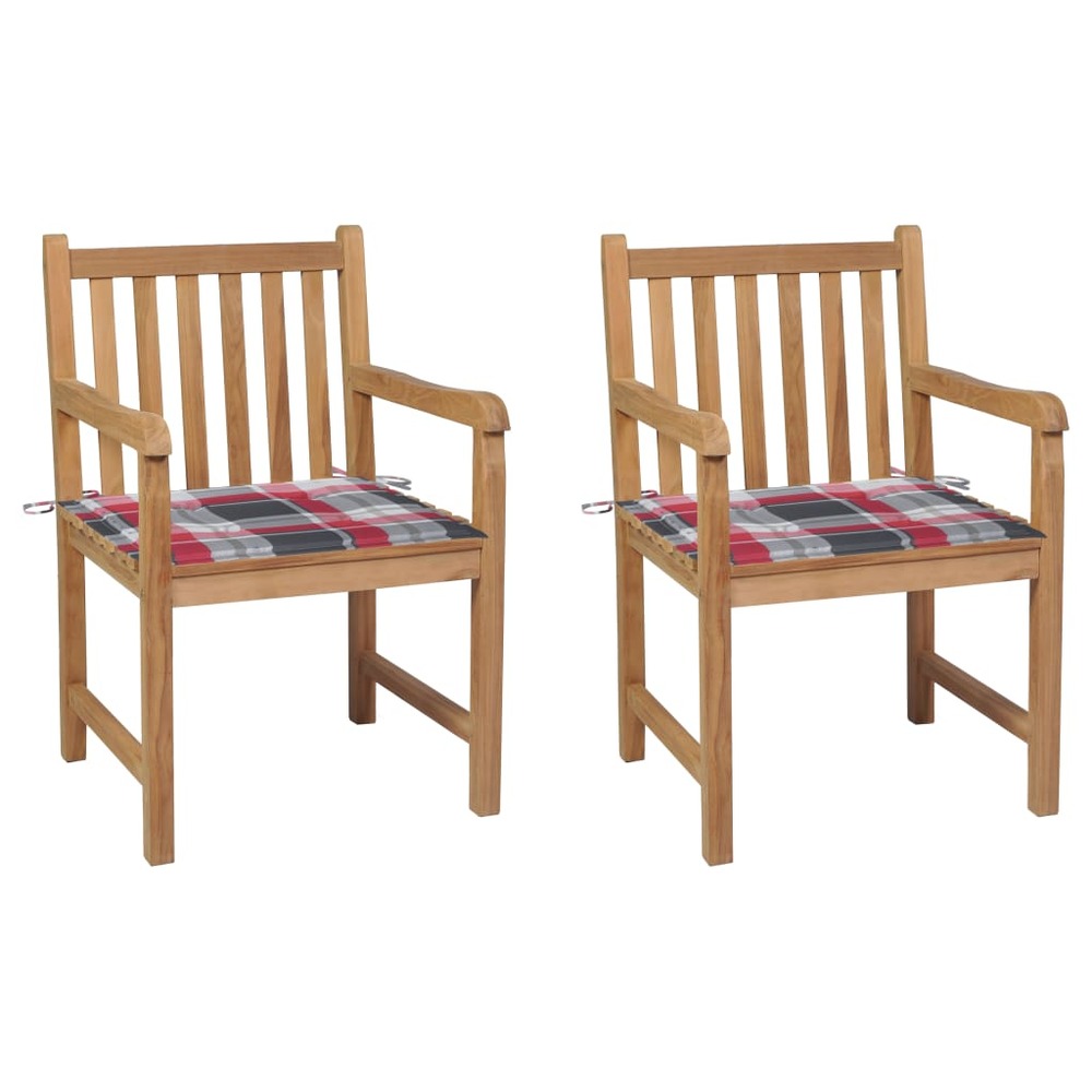 Chaises de jardin 2 pcs avec coussins à carreaux rouges teck