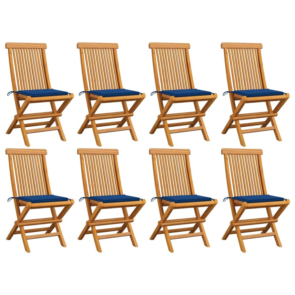 Chaises de jardin avec coussins bleu royal 8 pcs teck massif