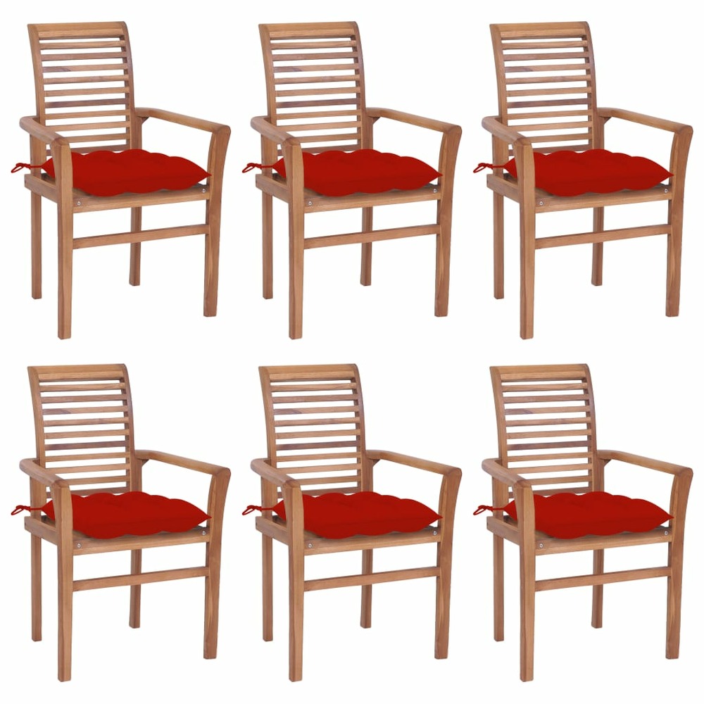 Chaises à dîner 6 pcs avec coussins rouge bois de teck solide