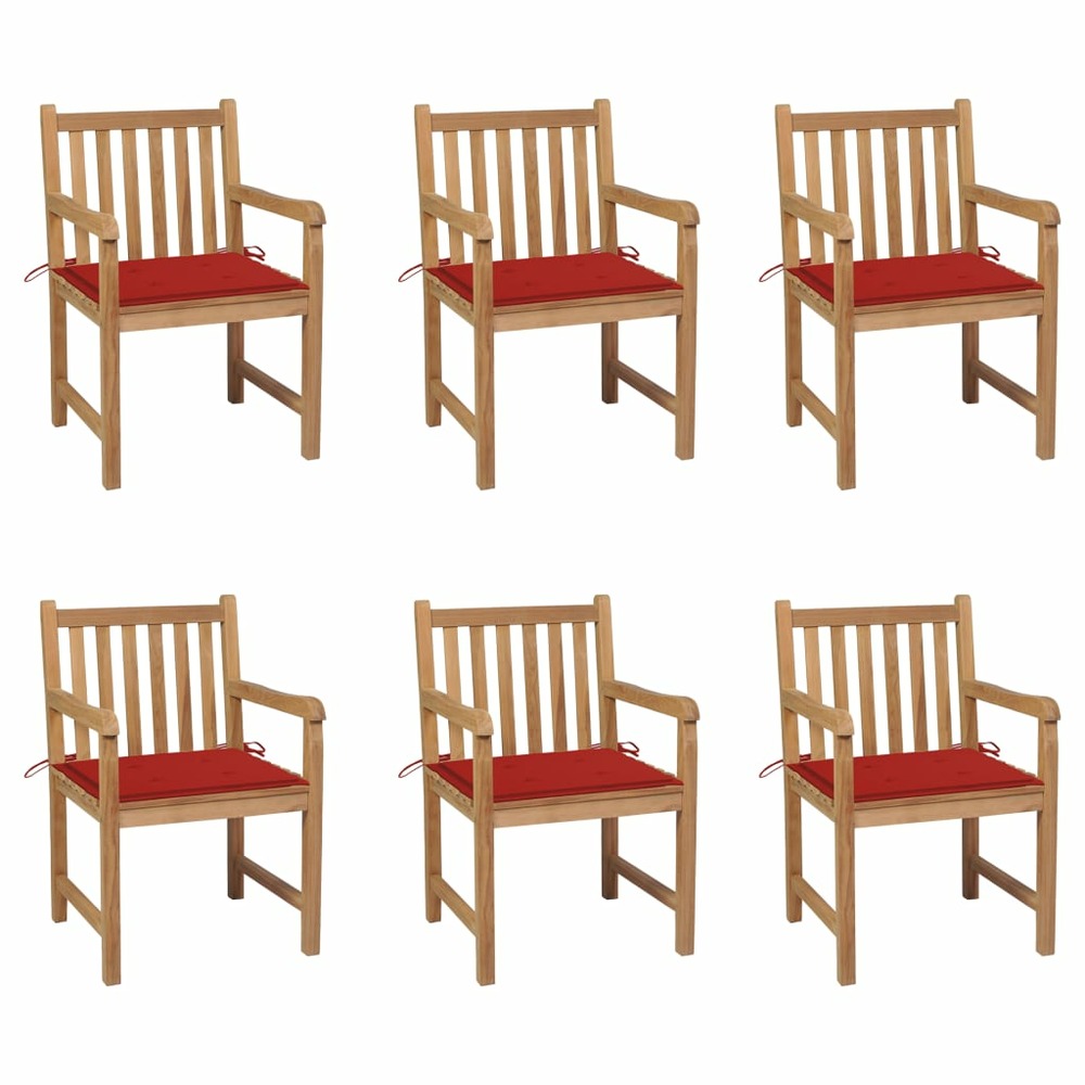 Chaises de jardin 6 pcs avec coussins rouge bois de teck massif