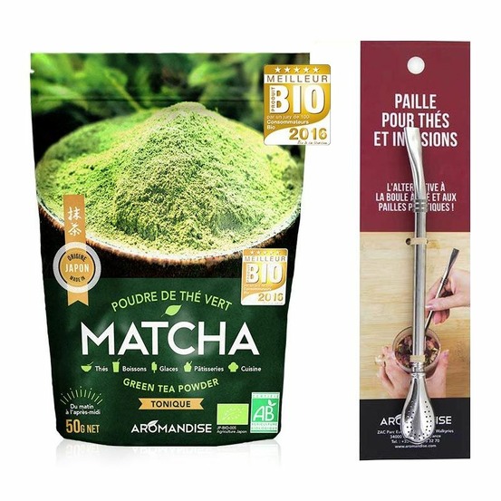 Thé vert bio matcha en poudre 50 g + paille inox avec filtre