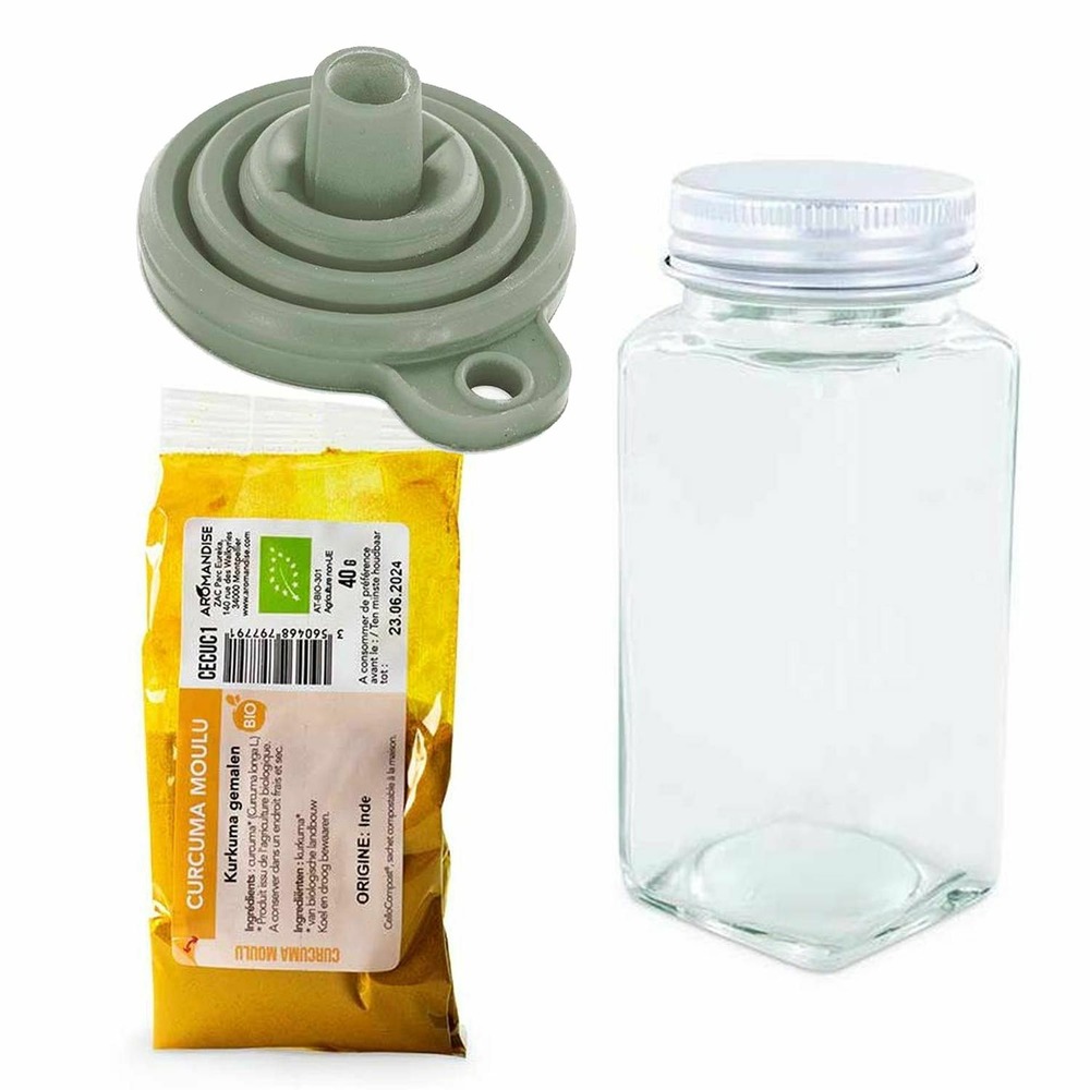 Flacon à épices poudreur + entonnoir + curcuma moulu 40 g
