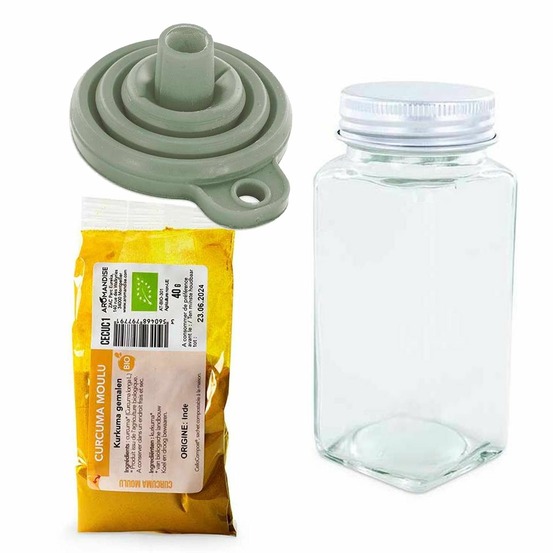 Flacon à épices poudreur + entonnoir + curcuma moulu 40 g
